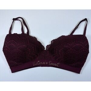 Victoria's Secret Lined No Wire Bra Women's Size 32D Wireless Purple w Lace